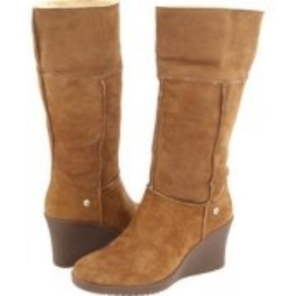 UGG Josslyn Suede Sheepskin Wedge Heel Mid Calf Boots Winter Influencer Boots - Picture 2 of 6
